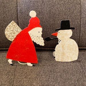 CHRISTMAS CANDLE HOLDER PAIR - METAL -  SNOWMAN AND SANTA. By Crate & Barrel